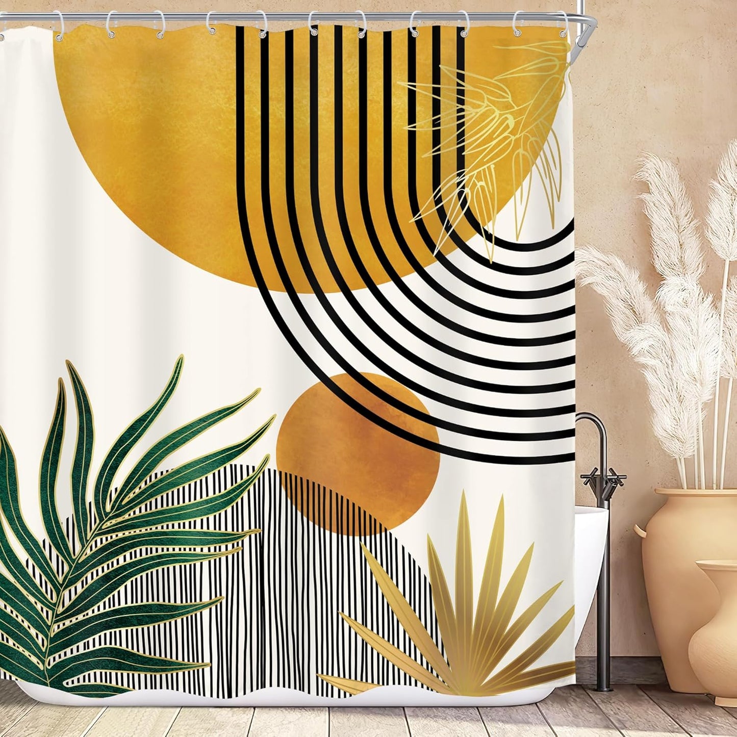 Mid Century Boho Shower Curtain for Bathroom Decor Abstract Modern Sun Minimalist Aesthetic Arch Curve Leaves Geometric Yellow Gold Neutral Fabric Waterproof Polyester 12 Hook 60Wx72L