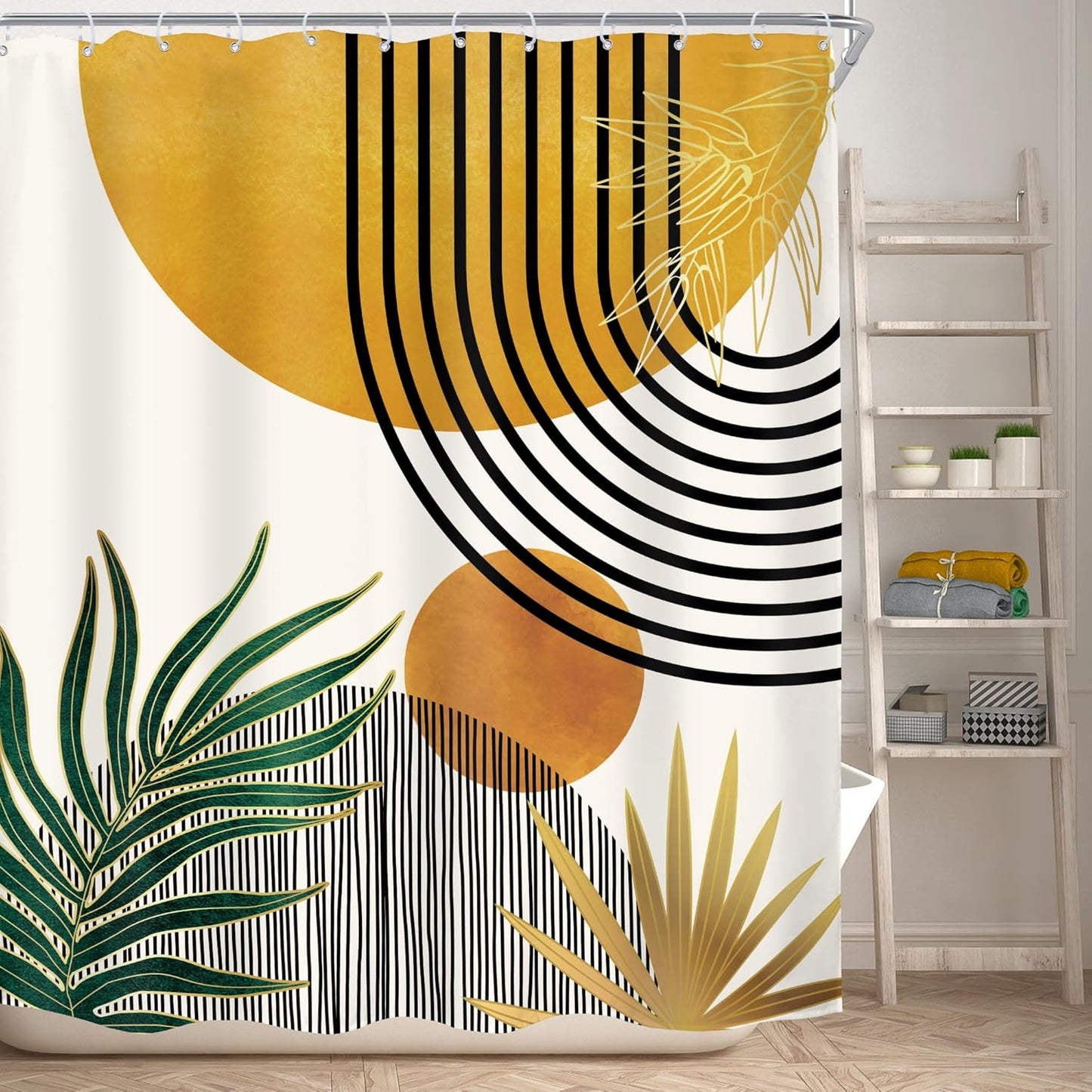 Mid Century Boho Shower Curtain for Bathroom Decor Abstract Modern Sun Minimalist Aesthetic Arch Curve Leaves Geometric Yellow Gold Neutral Fabric Waterproof Polyester 12 Hook 60Wx72L