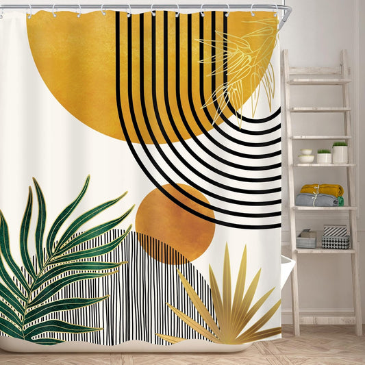 Mid Century Boho Shower Curtain for Bathroom Decor Abstract Modern Sun Minimalist Aesthetic Arch Curve Leaves Geometric Yellow Gold Neutral Fabric Waterproof Polyester 12 Hook 60Wx72L