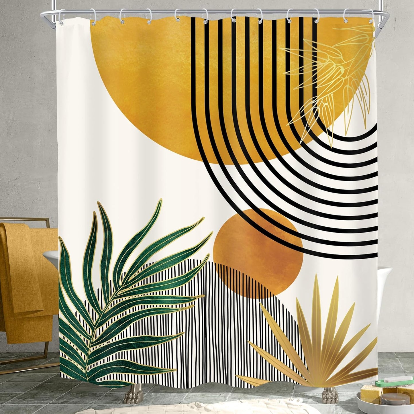 Mid Century Boho Shower Curtain for Bathroom Decor Abstract Modern Sun Minimalist Aesthetic Arch Curve Leaves Geometric Yellow Gold Neutral Fabric Waterproof Polyester 12 Hook 60Wx72L
