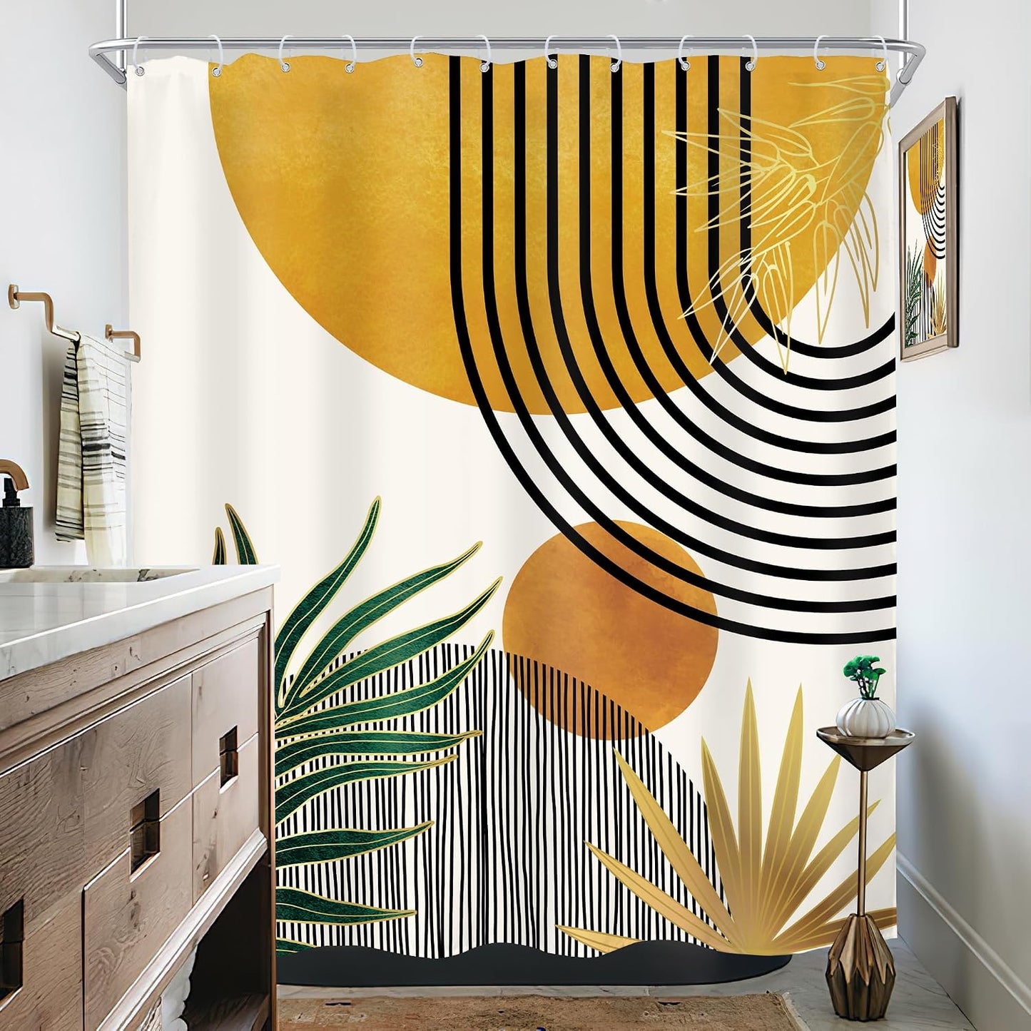 Mid Century Boho Shower Curtain for Bathroom Decor Abstract Modern Sun Minimalist Aesthetic Arch Curve Leaves Geometric Yellow Gold Neutral Fabric Waterproof Polyester 12 Hook 60Wx72L
