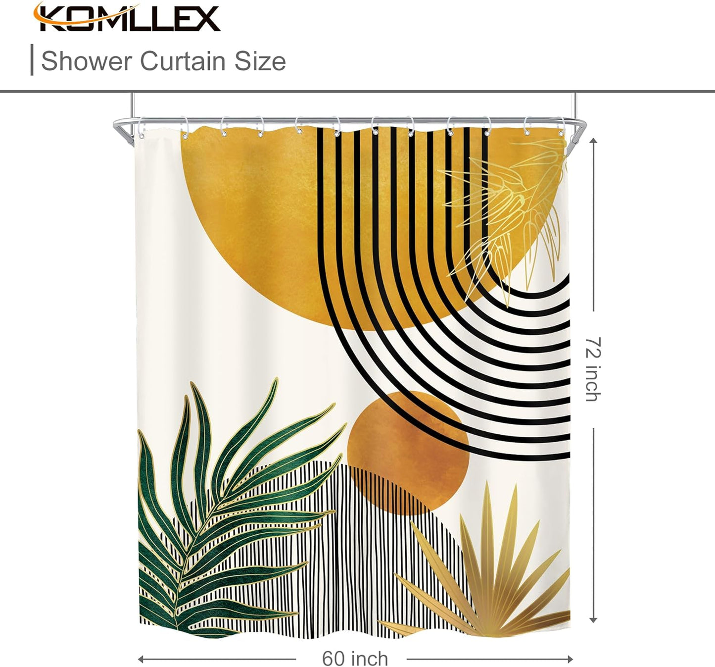 Mid Century Boho Shower Curtain for Bathroom Decor Abstract Modern Sun Minimalist Aesthetic Arch Curve Leaves Geometric Yellow Gold Neutral Fabric Waterproof Polyester 12 Hook 60Wx72L
