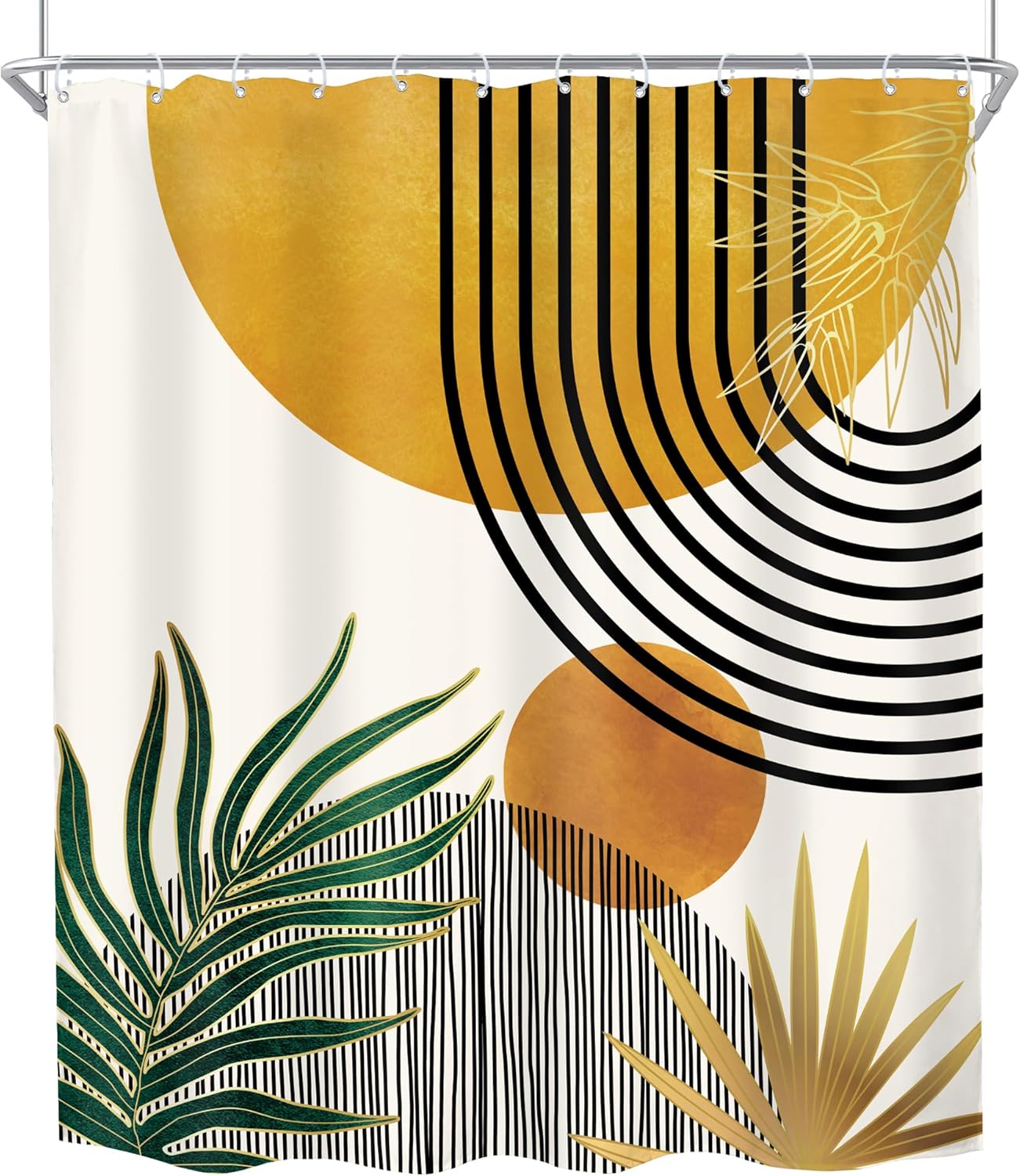 Mid Century Boho Shower Curtain for Bathroom Decor Abstract Modern Sun Minimalist Aesthetic Arch Curve Leaves Geometric Yellow Gold Neutral Fabric Waterproof Polyester 12 Hook 60Wx72L