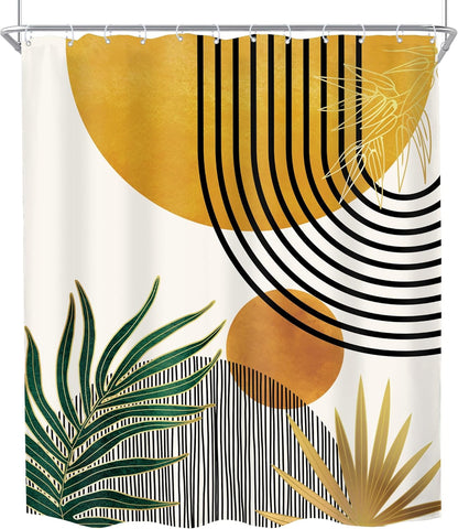 Mid Century Boho Shower Curtain for Bathroom Decor Abstract Modern Sun Minimalist Aesthetic Arch Curve Leaves Geometric Yellow Gold Neutral Fabric Waterproof Polyester 12 Hook 60Wx72L