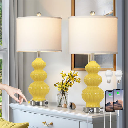 26" Set of 2 Yellow Ceramic Table Lamps with USB A+C Ports & AC Outlet, 3-Way Dimmable Gourd Bedside Nightstand Lamps with White Shade for Bedroom, Living Room, Office