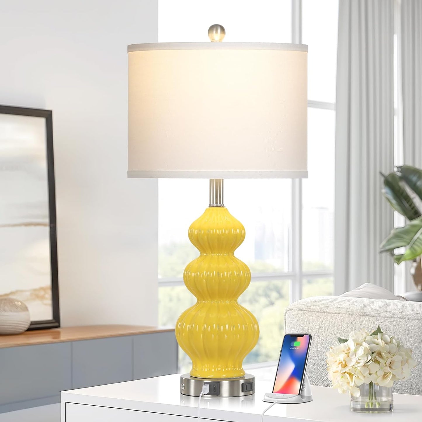 26" Set of 2 Yellow Ceramic Table Lamps with USB A+C Ports & AC Outlet, 3-Way Dimmable Gourd Bedside Nightstand Lamps with White Shade for Bedroom, Living Room, Office