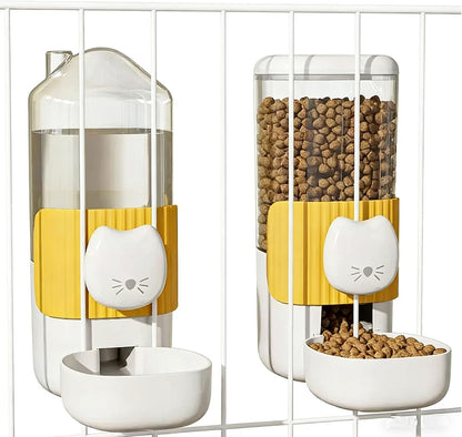 Hanging Automatic Cat Feeder and Water Dispenser Set, Gravity Pet Food & Water Bowl for Wire Cage, No-Spill Pet Feeding Station for Small Dogs Rabbits (Yellow)