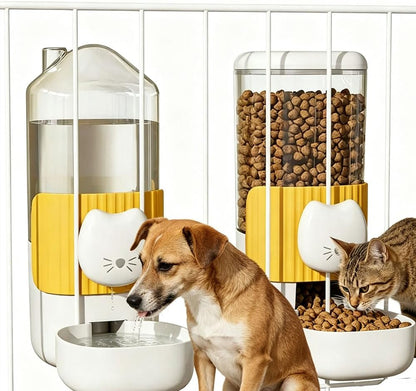 Hanging Automatic Cat Feeder and Water Dispenser Set, Gravity Pet Food & Water Bowl for Wire Cage, No-Spill Pet Feeding Station for Small Dogs Rabbits (Yellow)