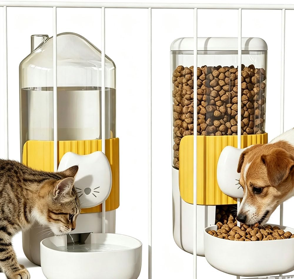 Hanging Automatic Cat Feeder and Water Dispenser Set, Gravity Pet Food & Water Bowl for Wire Cage, No-Spill Pet Feeding Station for Small Dogs Rabbits (Yellow)