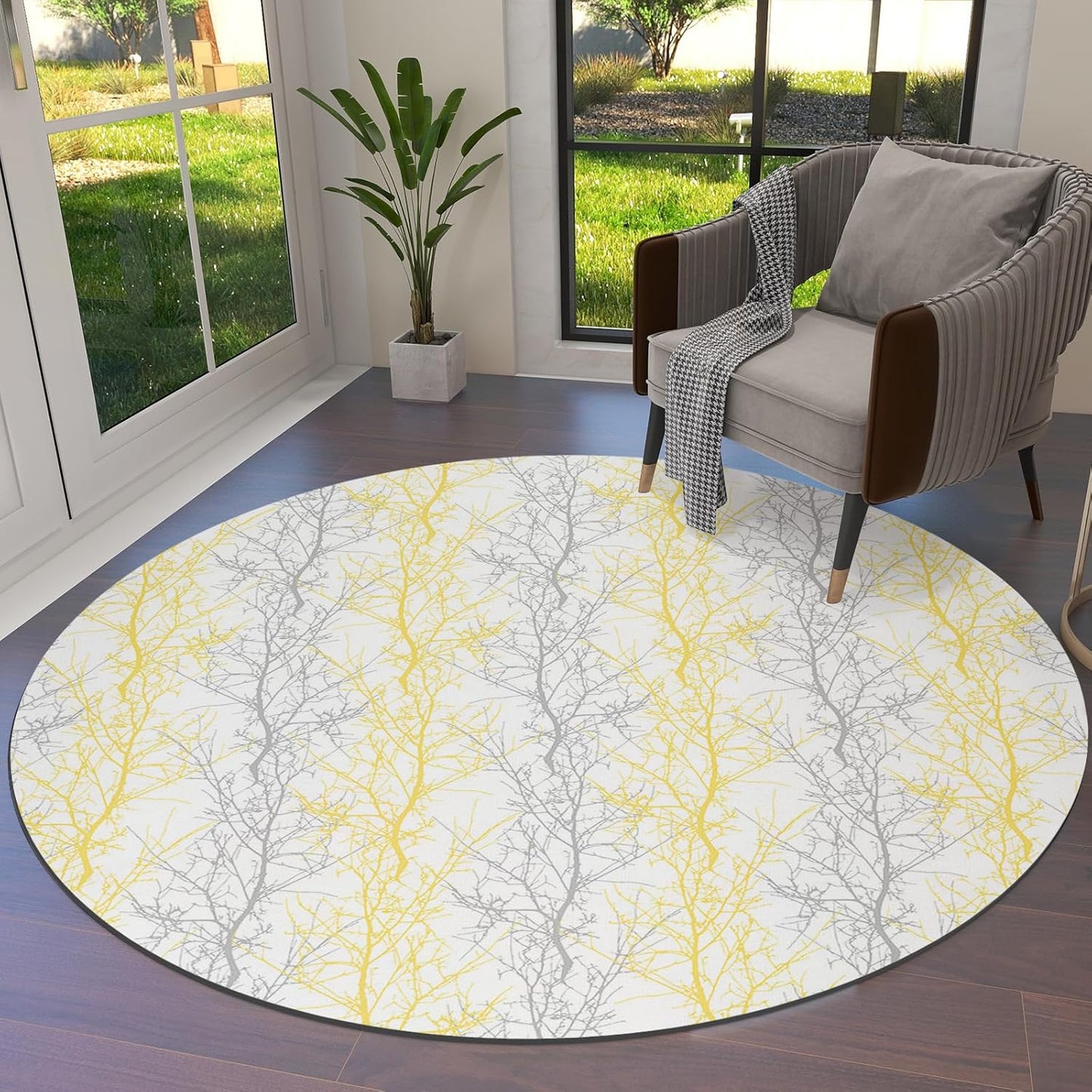 Forest Branch Round Area Rug 4ft,Washable Outdoor Indoor Carpet Runner Rug for Bedroom,Kitchen,Bathroom,Living/Dining/Laundry Room,Office,Area+Rug Large Bath Door Mat Winter Tree Geometric Yellow Grey