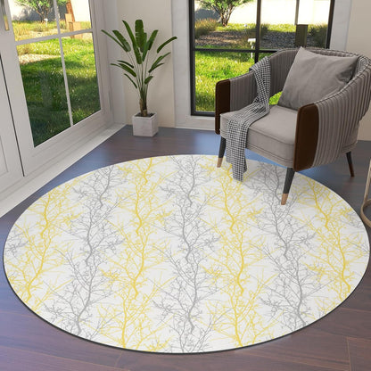 Forest Branch Round Area Rug 4ft,Washable Outdoor Indoor Carpet Runner Rug for Bedroom,Kitchen,Bathroom,Living/Dining/Laundry Room,Office,Area+Rug Large Bath Door Mat Winter Tree Geometric Yellow Grey