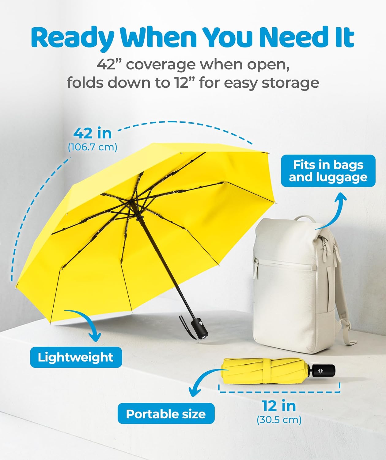 Windproof Compact Umbrellas for Rain - Strong Reinforced Fiberglass Rib Design & Auto Open & Close - Portable Folding Travel Umbrella - Lightweight & Packable for Women & Men, Easy Collapse
