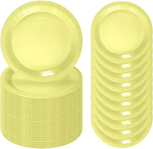 50 Pcs Light Yellow Paper Plates 7 Inch Yellow Dessert Plates Disposable Dinner Plates for Baby Shower Bridal Shower Birthday Party Supplies Disposable Paper Plate