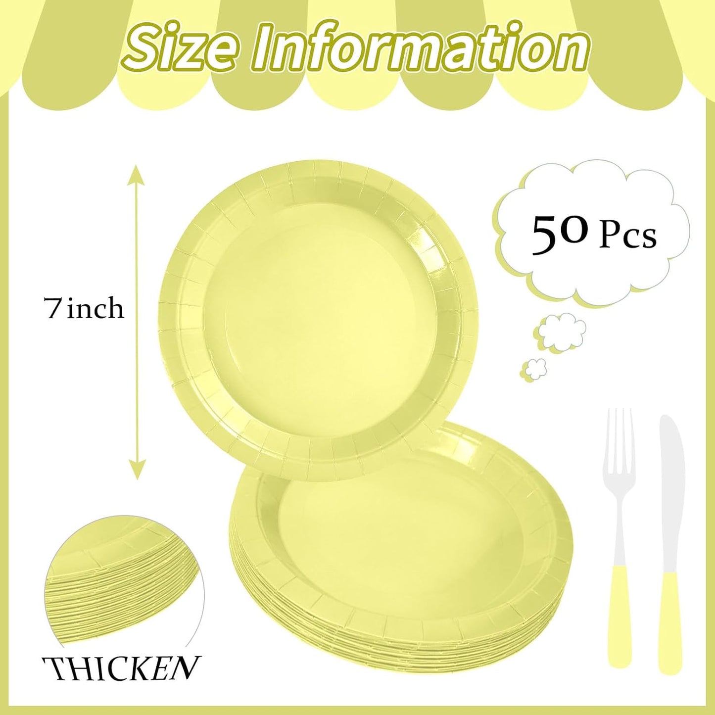 50 Pcs Light Yellow Paper Plates 7 Inch Yellow Dessert Plates Disposable Dinner Plates for Baby Shower Bridal Shower Birthday Party Supplies Disposable Paper Plate