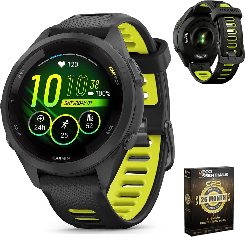 Forerunner 265S Running GPS Smartwatch, AMOLED Display, 42mm, Black/Amp Yellow, 010-02810-03 - Bundle w/Deco Essentials 26-Month CPS Plan