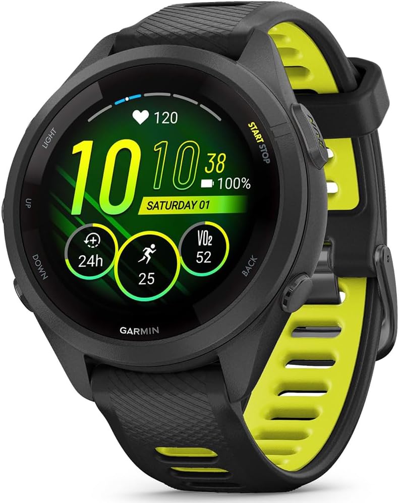 Forerunner 265S Running GPS Smartwatch, AMOLED Display, 42mm, Black/Amp Yellow, 010-02810-03 - Bundle w/Deco Essentials 26-Month CPS Plan