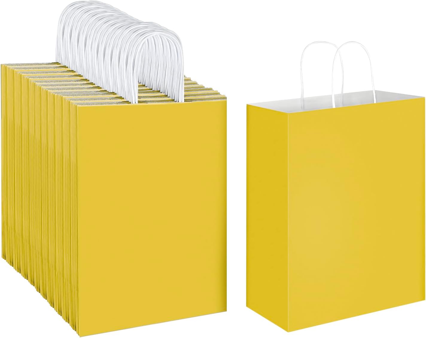 100 Pack 10x5x13 Yellow Kraft Paper Bags with Handles Bulk for Birthday Party Favors Grocery Retail Shopping Business Goody Recycled Craft Gift Bags (Large Size, 100 Count)