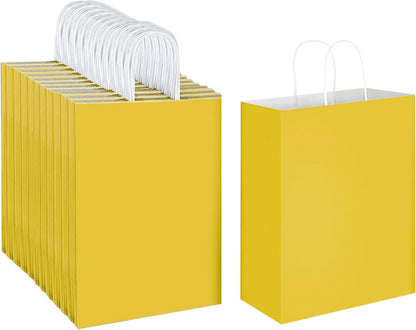 100 Pack 10x5x13 Yellow Kraft Paper Bags with Handles Bulk for Birthday Party Favors Grocery Retail Shopping Business Goody Recycled Craft Gift Bags (Large Size, 100 Count)