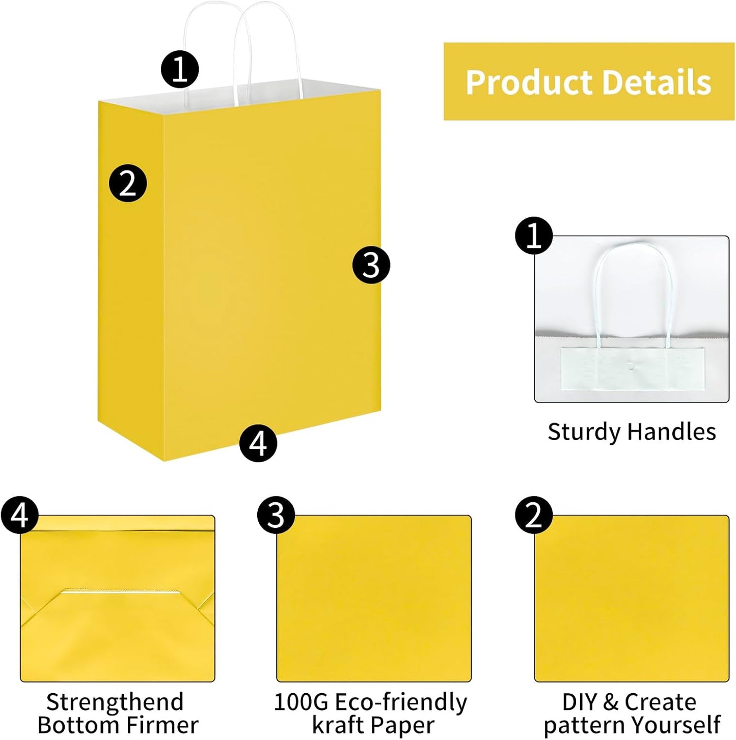 100 Pack 10x5x13 Yellow Kraft Paper Bags with Handles Bulk for Birthday Party Favors Grocery Retail Shopping Business Goody Recycled Craft Gift Bags (Large Size, 100 Count)