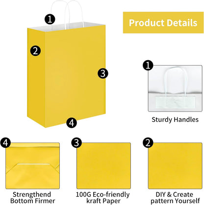 100 Pack 10x5x13 Yellow Kraft Paper Bags with Handles Bulk for Birthday Party Favors Grocery Retail Shopping Business Goody Recycled Craft Gift Bags (Large Size, 100 Count)