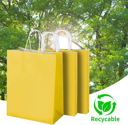 100 Pack 10x5x13 Yellow Kraft Paper Bags with Handles Bulk for Birthday Party Favors Grocery Retail Shopping Business Goody Recycled Craft Gift Bags (Large Size, 100 Count)