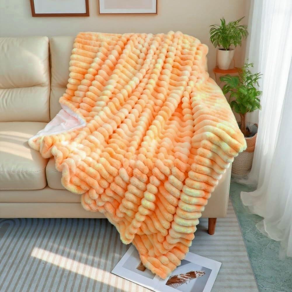 Throw (51" x 63") Super Soft Faux Fur Plush Throw Blanket, Rainbow Tie-Dye Pattern, Pastel Yellow and Orange, Decorative Cozy Blanket for Couch Bed,Gift for Women (Yellow and Orange)