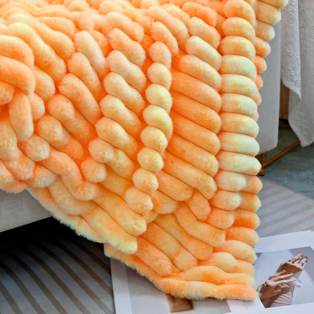 Throw (51" x 63") Super Soft Faux Fur Plush Throw Blanket, Rainbow Tie-Dye Pattern, Pastel Yellow and Orange, Decorative Cozy Blanket for Couch Bed,Gift for Women (Yellow and Orange)