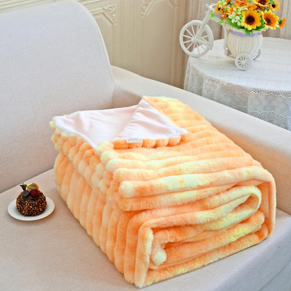 Throw (51" x 63") Super Soft Faux Fur Plush Throw Blanket, Rainbow Tie-Dye Pattern, Pastel Yellow and Orange, Decorative Cozy Blanket for Couch Bed,Gift for Women (Yellow and Orange)