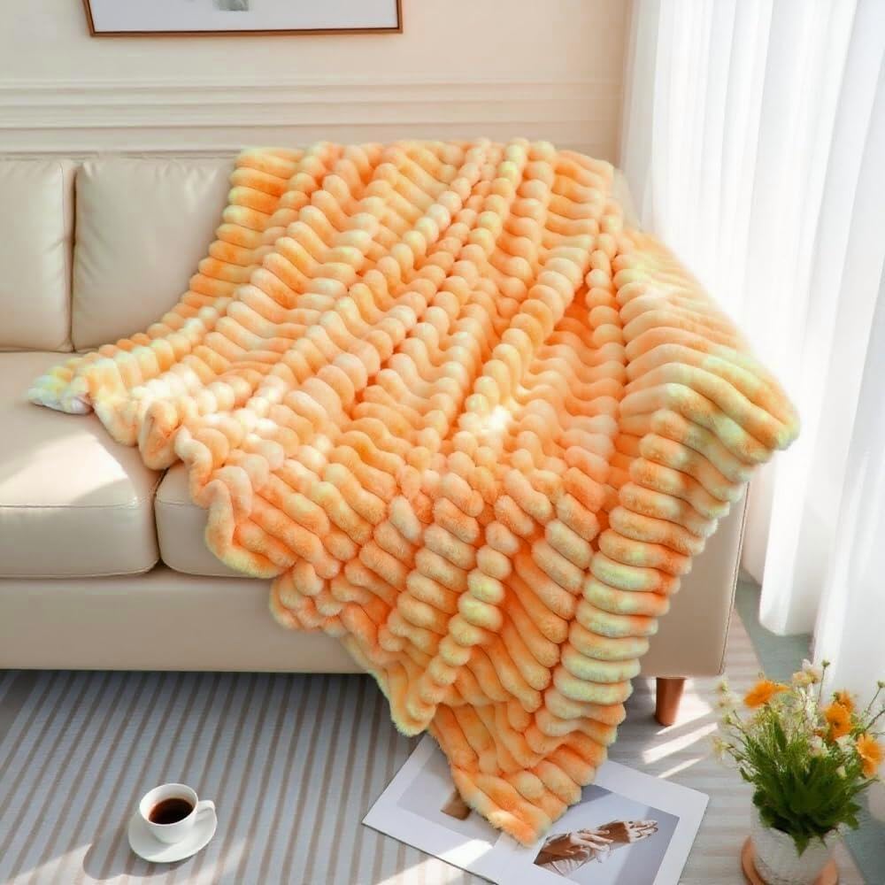 Throw (51" x 63") Super Soft Faux Fur Plush Throw Blanket, Rainbow Tie-Dye Pattern, Pastel Yellow and Orange, Decorative Cozy Blanket for Couch Bed,Gift for Women (Yellow and Orange)