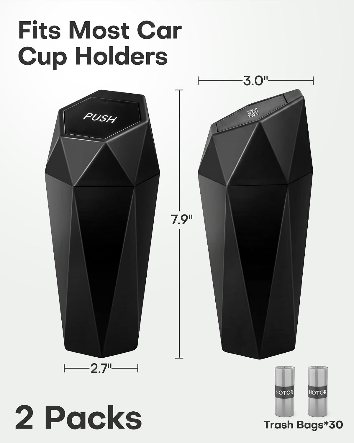 Car Trash Can with Lid, Leakproof, Black, 2 Pack | Car Accessories for Interior, Garbage Can with 30 Attached Trash Bags, Multipurpose Organizer and Storage for Home & Office
