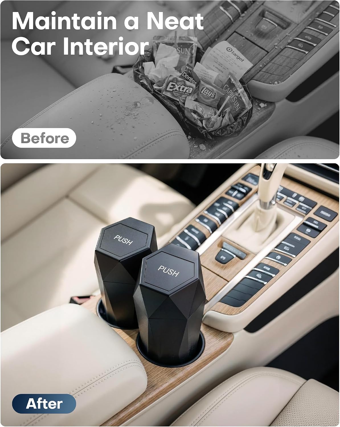 Car Trash Can with Lid, Leakproof, Black, 2 Pack | Car Accessories for Interior, Garbage Can with 30 Attached Trash Bags, Multipurpose Organizer and Storage for Home & Office