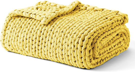 Cooling Weighted Blanket, 100% Cotton Handmade Chunky Knitted Blanket, Weighted Lap, Breathable Heavy Blankets, Machine Washable Throw for Sleep or Home Decor (Yellow Lemon, 25x35 Inch, 3lbs)