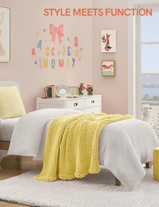 Cooling Weighted Blanket, 100% Cotton Handmade Chunky Knitted Blanket, Weighted Lap, Breathable Heavy Blankets, Machine Washable Throw for Sleep or Home Decor (Yellow Lemon, 25x35 Inch, 3lbs)