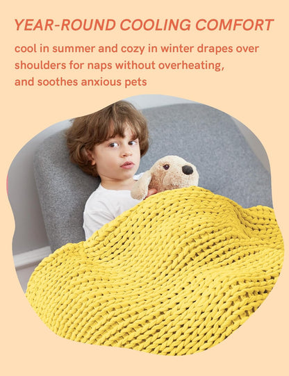 Cooling Weighted Blanket, 100% Cotton Handmade Chunky Knitted Blanket, Weighted Lap, Breathable Heavy Blankets, Machine Washable Throw for Sleep or Home Decor (Yellow Lemon, 25x35 Inch, 3lbs)
