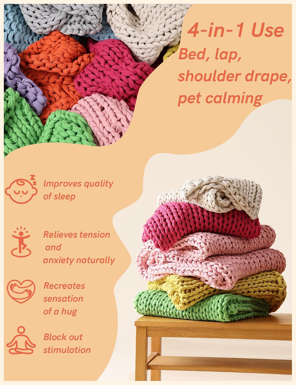 Cooling Weighted Blanket, 100% Cotton Handmade Chunky Knitted Blanket, Weighted Lap, Breathable Heavy Blankets, Machine Washable Throw for Sleep or Home Decor (Yellow Lemon, 25x35 Inch, 3lbs)