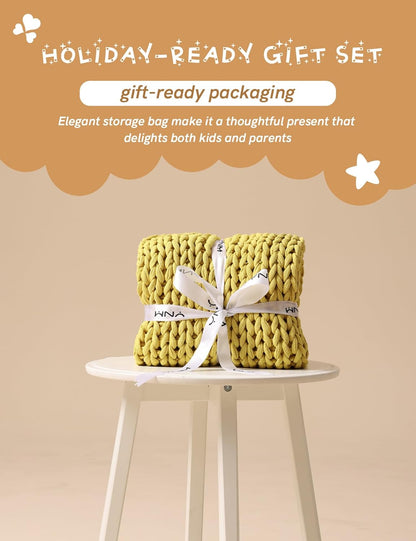 Cooling Weighted Blanket, 100% Cotton Handmade Chunky Knitted Blanket, Weighted Lap, Breathable Heavy Blankets, Machine Washable Throw for Sleep or Home Decor (Yellow Lemon, 25x35 Inch, 3lbs)