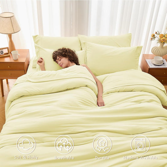 5 Pieces Twin Comforter Set, Soft Bed in a Bag Twin Size, All Season Bedding Set with Comforter, Flat Sheet, Fitted Sheet, Pillowcases & Shams, Cream Yellow