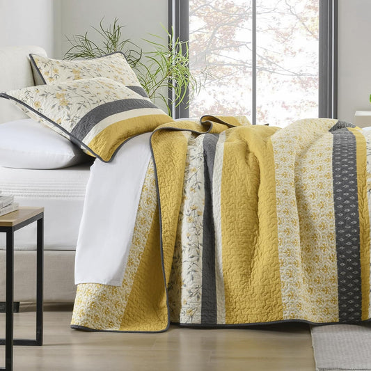 Quilts Queen Size 100% Cotton Lightweight Soft Queen Comforter Set Yellow Grey Vintage Quilted Bedspread Striped Floral Reversible Quilt Bedding Set 3 Pieces