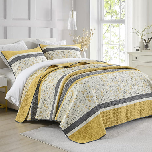 Quilts Queen Size 100% Cotton Lightweight Soft Queen Comforter Set Yellow Grey Vintage Quilted Bedspread Striped Floral Reversible Quilt Bedding Set 3 Pieces