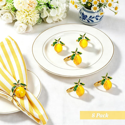 Gold Lemon Napkin Rings Set of 8 Tropical Fruit Napkin Ring Holders for Spring Picnic Garden Party Decor,Coastal Napkin Rings for Beach Wedding Birthday Holiday Family Dining Table Setting