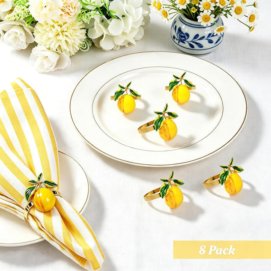 Gold Lemon Napkin Rings Set of 8 Tropical Fruit Napkin Ring Holders for Spring Picnic Garden Party Decor,Coastal Napkin Rings for Beach Wedding Birthday Holiday Family Dining Table Setting