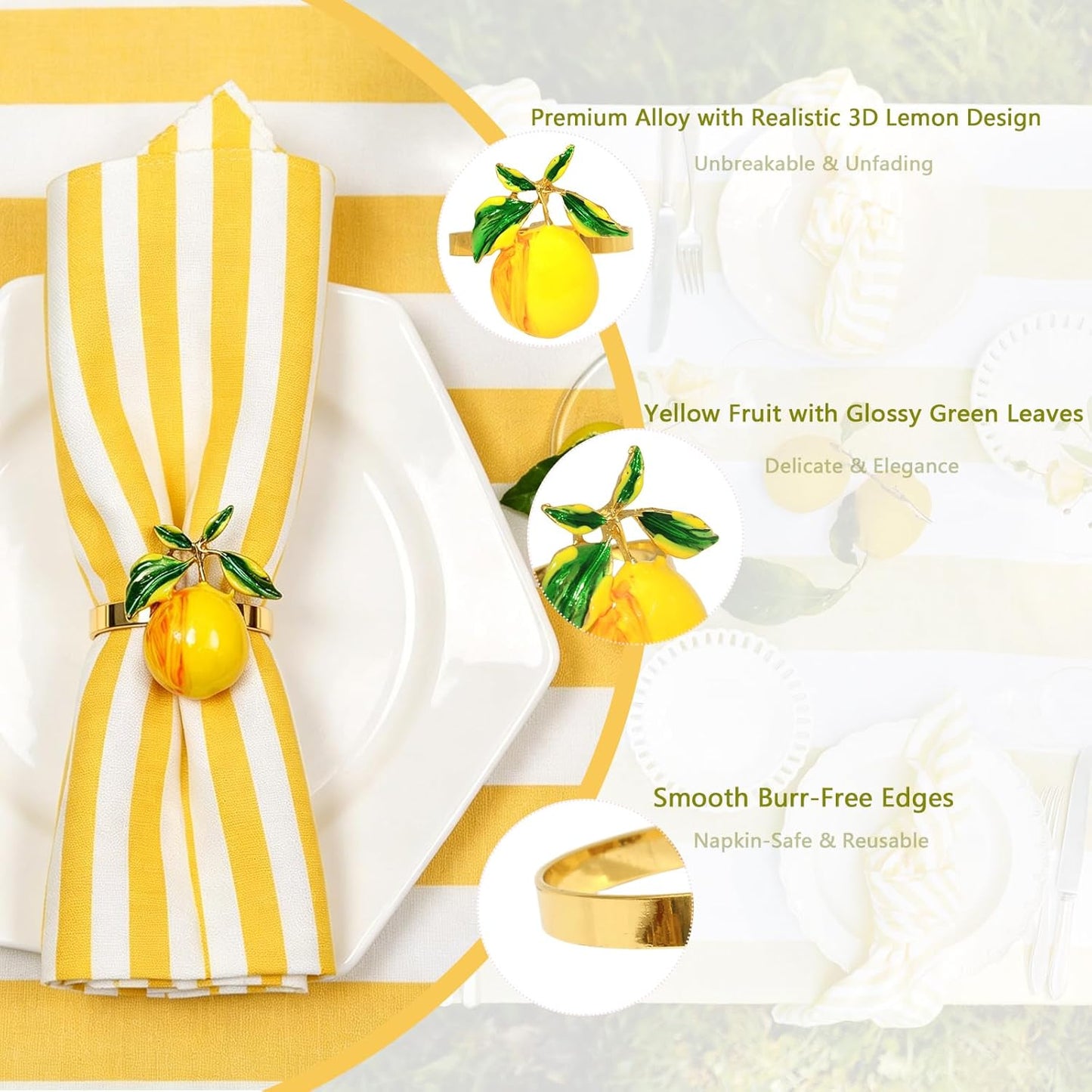 Gold Lemon Napkin Rings Set of 8 Tropical Fruit Napkin Ring Holders for Spring Picnic Garden Party Decor,Coastal Napkin Rings for Beach Wedding Birthday Holiday Family Dining Table Setting