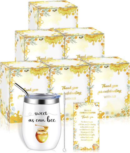 6 Set Baby Shower Game Prizes for Guests Winners 12 oz Insulated Stainless Steel Tumbler Cup with Lids, Straws, Cleaning Brush, Cards & Boxes Return Gifts(Yellow,Bee Honey)