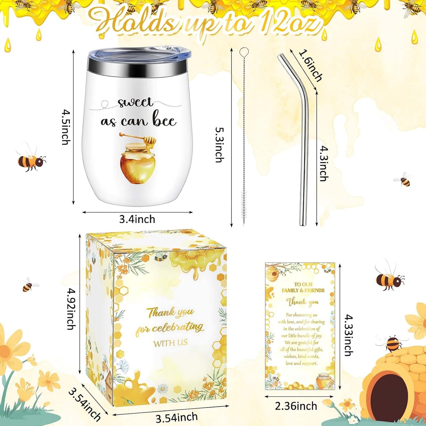 6 Set Baby Shower Game Prizes for Guests Winners 12 oz Insulated Stainless Steel Tumbler Cup with Lids, Straws, Cleaning Brush, Cards & Boxes Return Gifts(Yellow,Bee Honey)