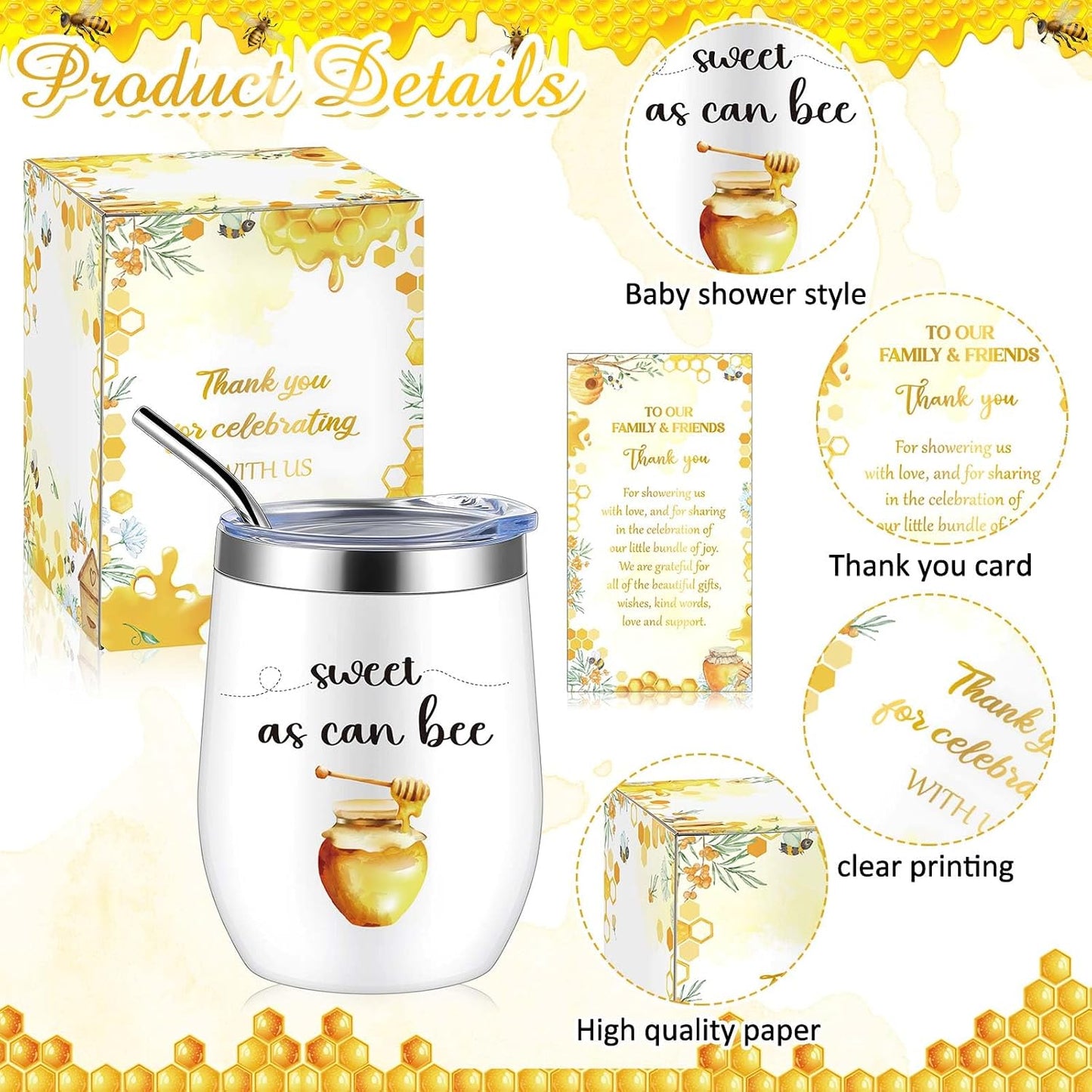 6 Set Baby Shower Game Prizes for Guests Winners 12 oz Insulated Stainless Steel Tumbler Cup with Lids, Straws, Cleaning Brush, Cards & Boxes Return Gifts(Yellow,Bee Honey)