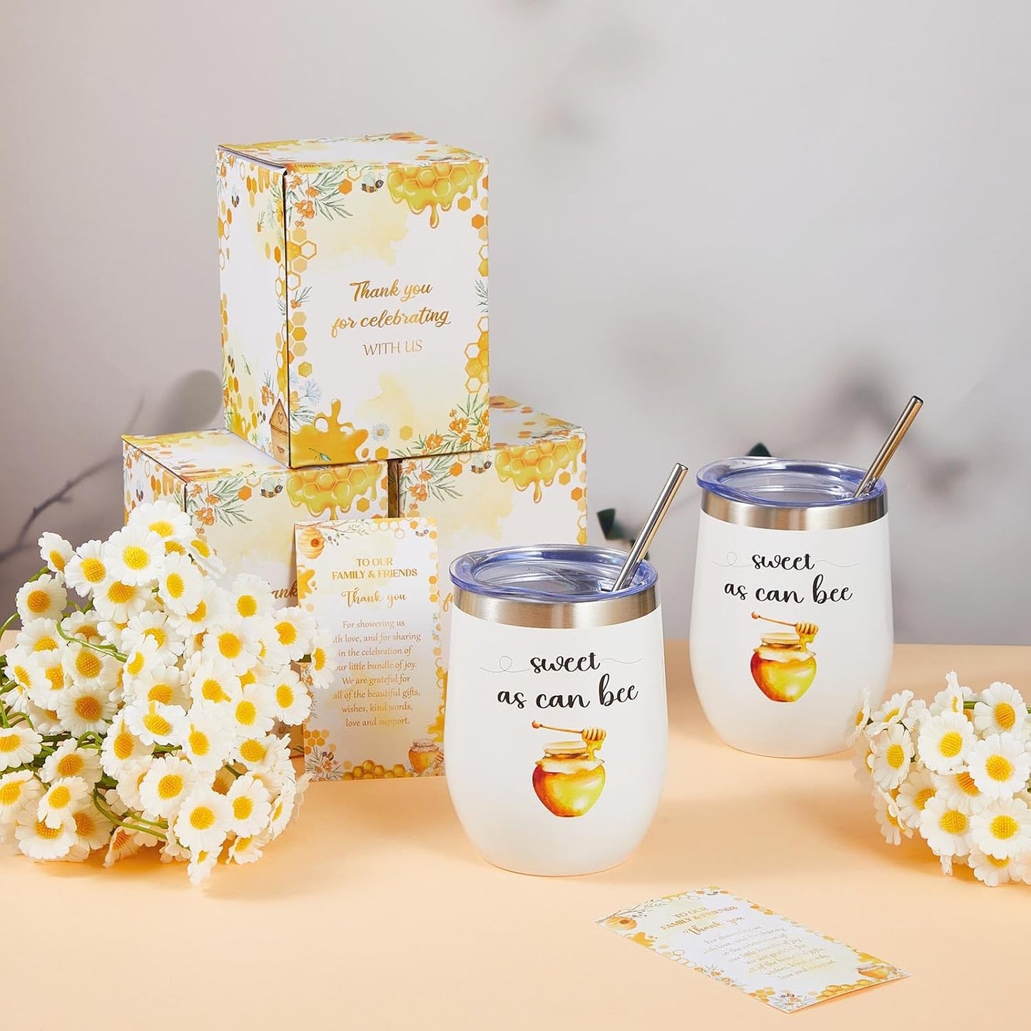 6 Set Baby Shower Game Prizes for Guests Winners 12 oz Insulated Stainless Steel Tumbler Cup with Lids, Straws, Cleaning Brush, Cards & Boxes Return Gifts(Yellow,Bee Honey)