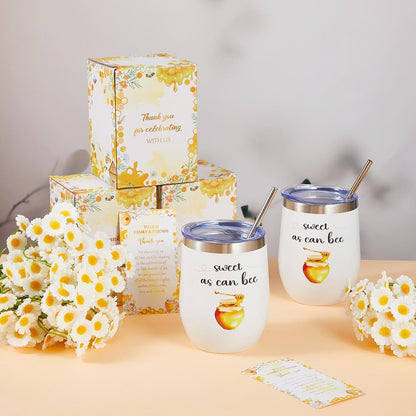 6 Set Baby Shower Game Prizes for Guests Winners 12 oz Insulated Stainless Steel Tumbler Cup with Lids, Straws, Cleaning Brush, Cards & Boxes Return Gifts(Yellow,Bee Honey)