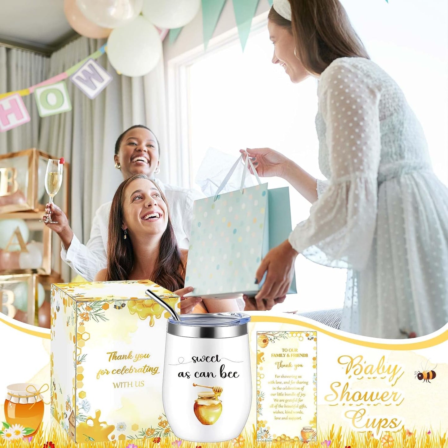 6 Set Baby Shower Game Prizes for Guests Winners 12 oz Insulated Stainless Steel Tumbler Cup with Lids, Straws, Cleaning Brush, Cards & Boxes Return Gifts(Yellow,Bee Honey)