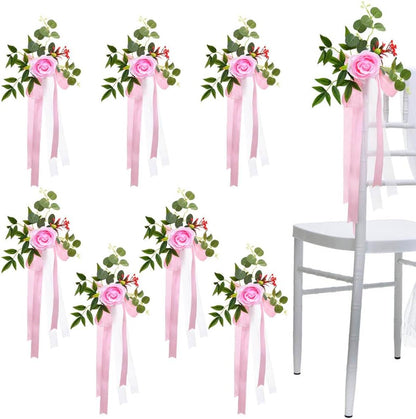 Set of 8 Wedding Aisle Decorations Set Yellow Rose Flowers Chair Back Flowers with Leaves and Ribbons,Pew Artificial Flowers Arrangements for Wedding Ceremony Decor