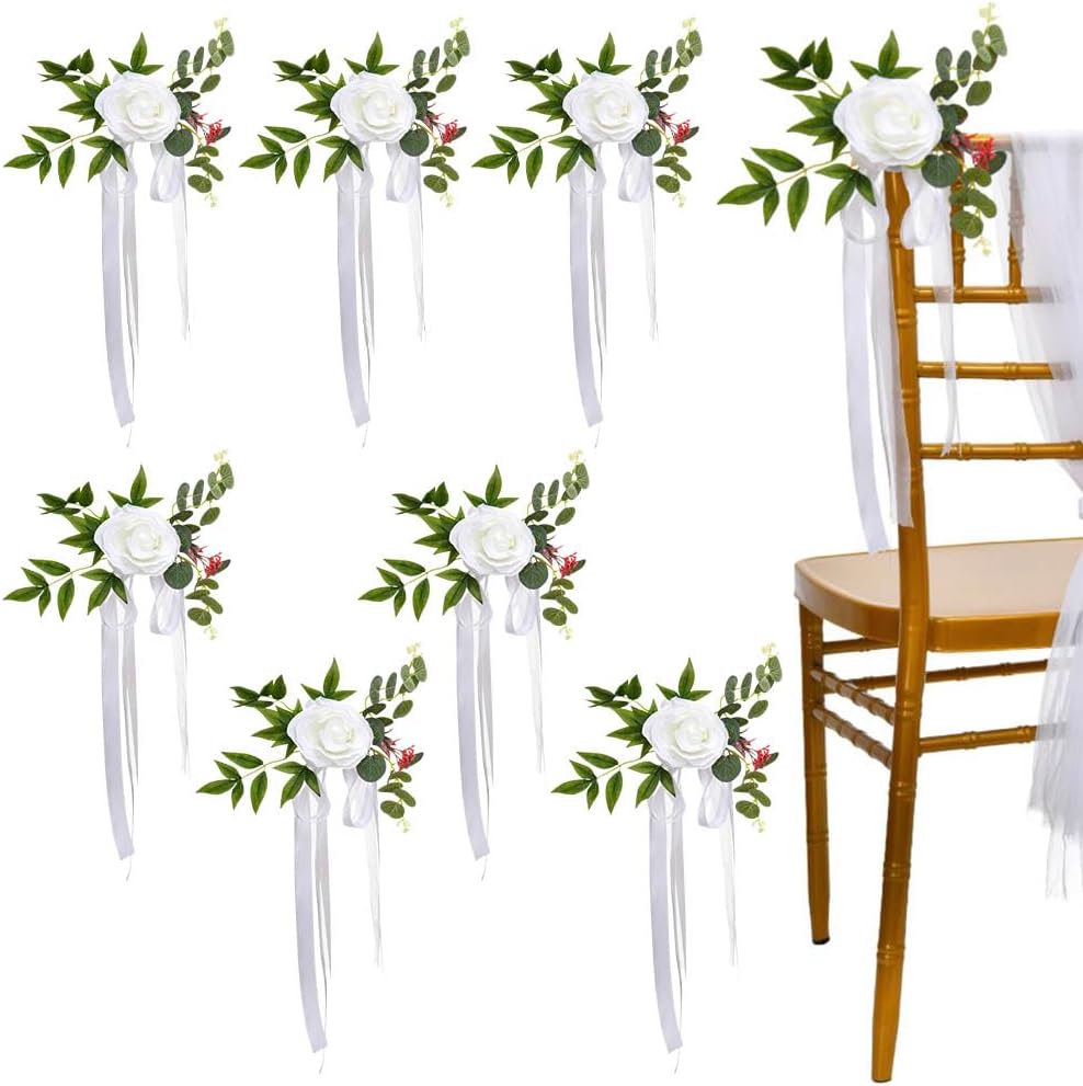 Set of 8 Wedding Aisle Decorations Set Yellow Rose Flowers Chair Back Flowers with Leaves and Ribbons,Pew Artificial Flowers Arrangements for Wedding Ceremony Decor